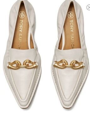 Tory Burch Jessa Pointed Toe Leather Slip On Loafers Gray Gold Chain Hardware